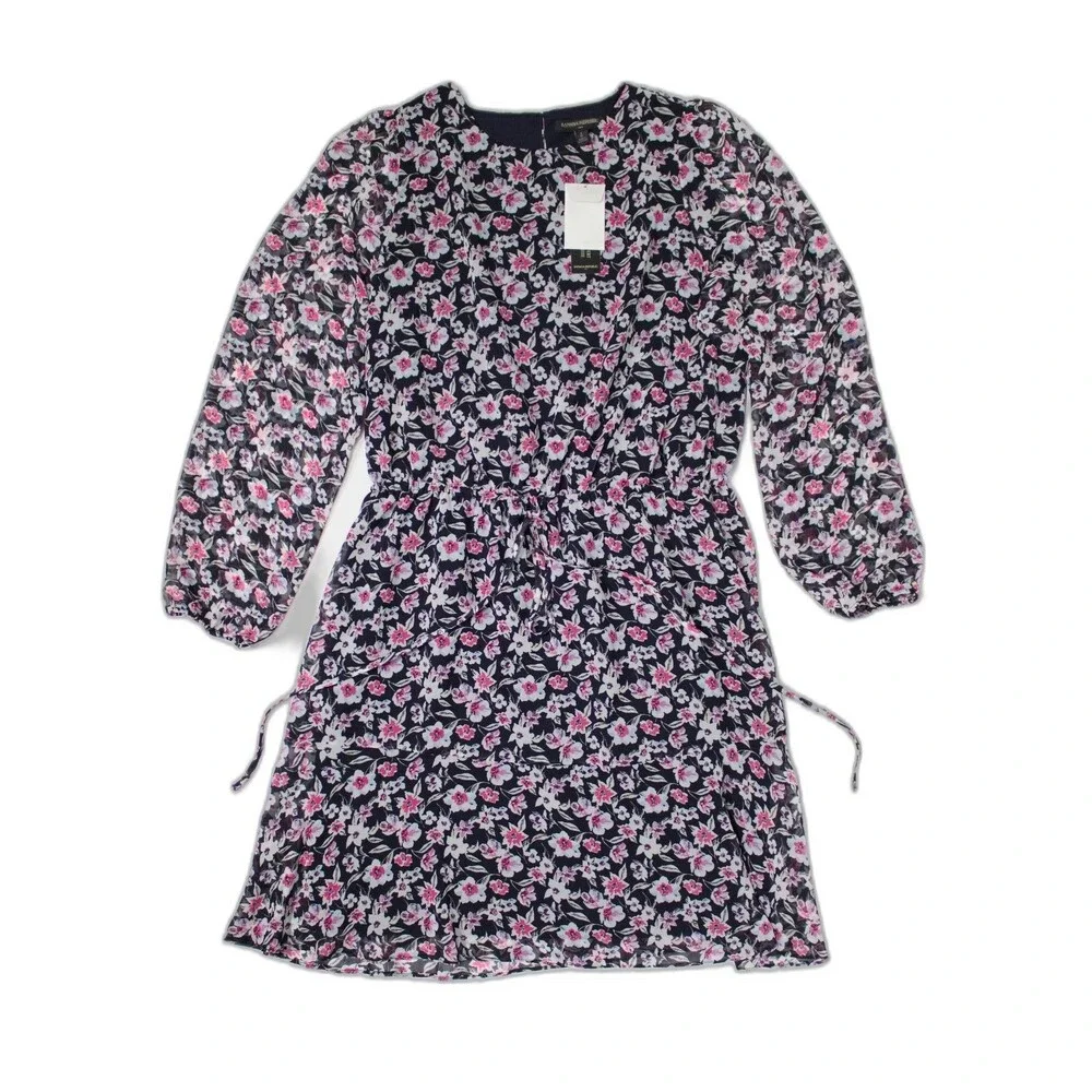 NWT Banana Republic Black Pink Floral Country Cottage Tie Waist Dress Women L